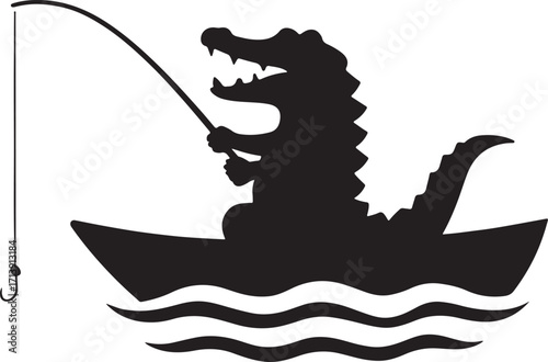 Alligator Crocodile fishing on a boat silhouette