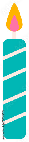 A stylized teal birthday candle with white diagonal stripes and a lit colorful flame.