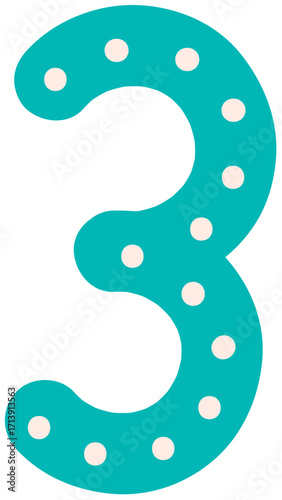 A decorative curvy teal number three with a playful white polka dot pattern.