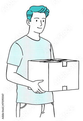 段ボールを受け取って運ぶ笑顔の若い男性のおしゃれな線画アイコンベクターイラスト / 宅配 / 買い物 / ラインアート