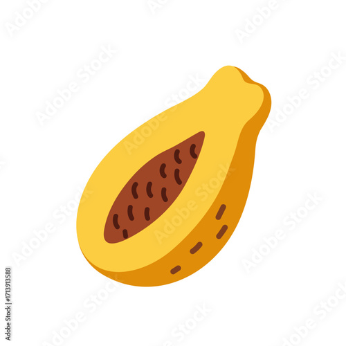 Half of papaya with seeds icon. Cut ripe pawpaw. Piece of fresh papaw. Tropical fruit, healthy food, eating. Organic crop of exotic garden. Flat isolated vector illustration on white background