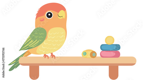The image is a digital illustration of a cartoon lovebird. The lovebird is predominantly orange and yellow with green wings, and has large, expressive eyes.  It is perched on a simple
