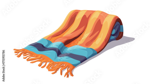 A digital illustration of a rolled-up blanket with orange, blue, and yellow stripes. The blanket has tassels at each end. The style is cartoonish or stylized, with a smooth, painterly quality.