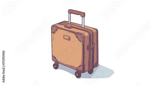 Isometric illustration of a vintage-style suitcase. The suitcase is light brown/beige with darker brown leather-like corner accents and a handle. It has two compartments and wheels. 