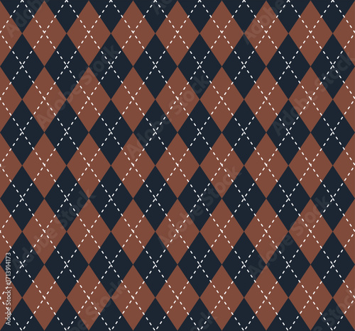 Classic argyle pattern in brown and dark blue with white dashed lines.
