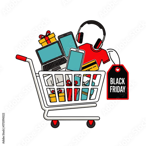 Black Friday shopping cart filled with gifts, gadgets, and clothes for online sales and discount deals