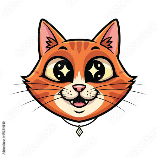 Playful Feline Illustration: A cute, expressive cat with vibrant orange fur and sparkling eyes exudes charm and joy in this delightful illustration.