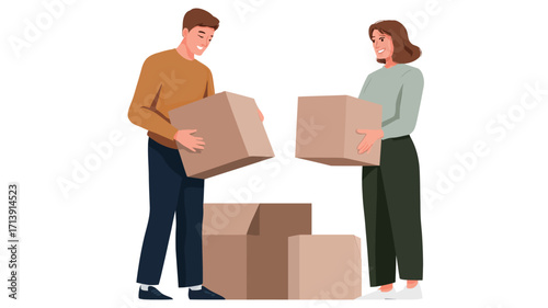 A digital illustration depicting a young man and woman carrying cardboard boxes. The illustration is in a simple, flat vector style with clean lines and minimal detail.