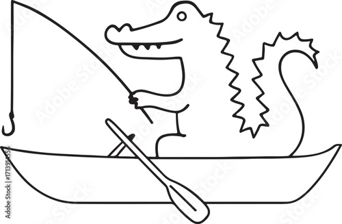 Alligator Crocodile fishing on a boat - outline silhouette