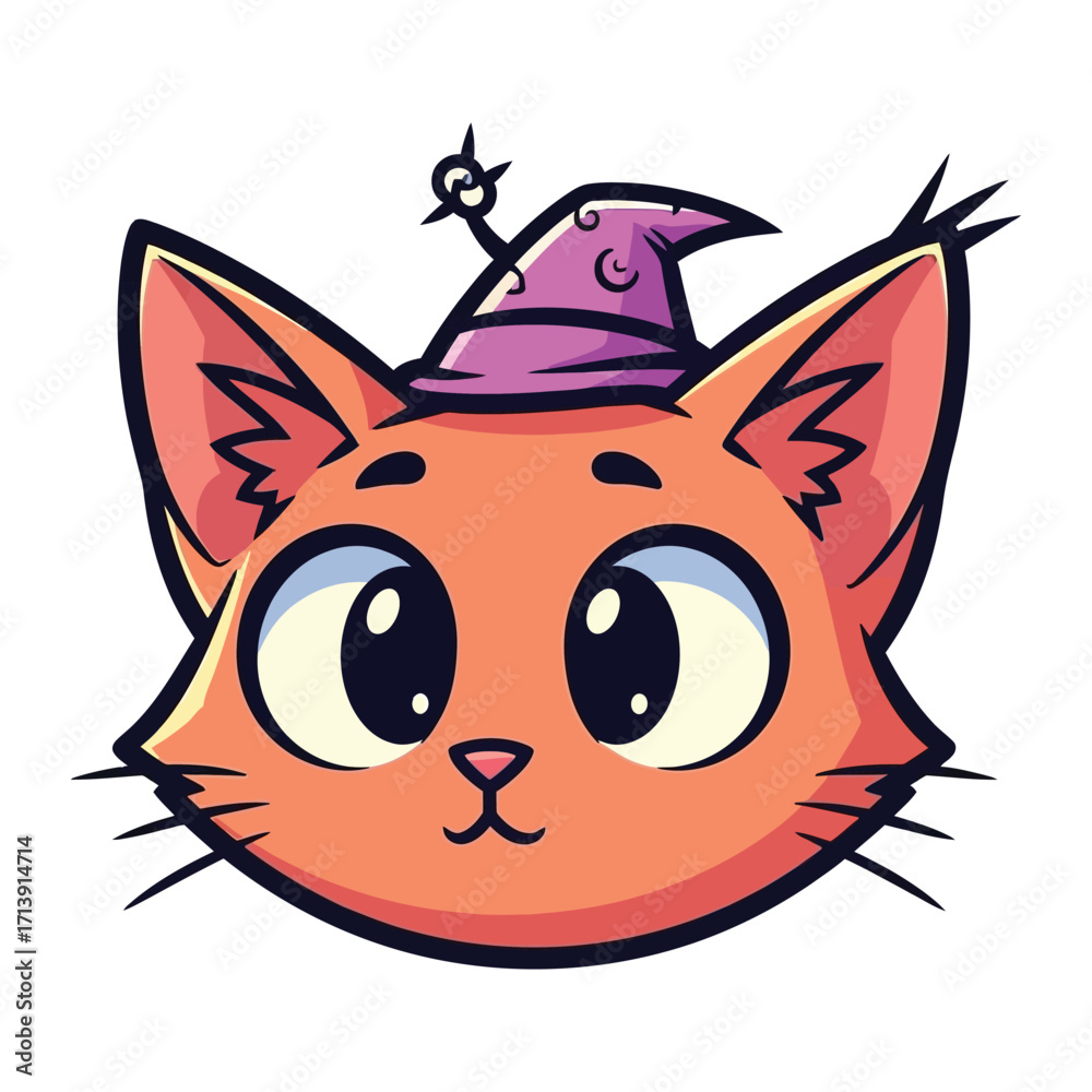 Fototapeta premium Magical Cat Icon: An adorable cartoon cat, adorned with a whimsical wizard hat, embodies a sense of playful charm and enchantment. Capturing the essence of fantasy and fun in a simple, graphic format.