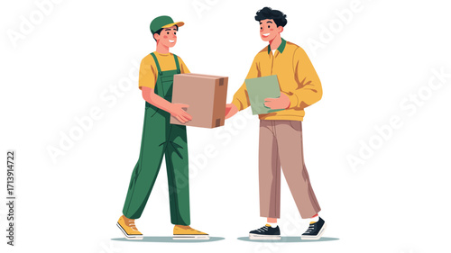 The illustration depicts two men, one in green work overalls and a green cap, and another in a yellow shirt and beige pants. The man in overalls is handing a brown cardboard box to the man in the