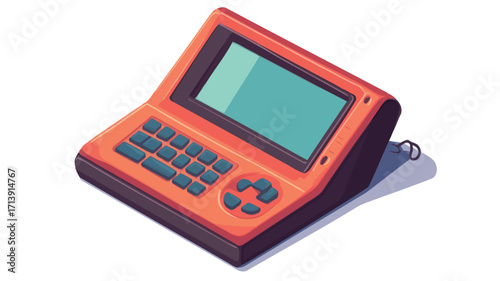 Isometric vector illustration of a retro-styled handheld device. The device is predominantly orange with dark grey accents. It features a rectangular screen, a numerical keypad, and additional