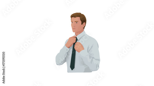 Close-up illustration of a man's torso, depicted from the chest up against a white background. He is wearing a light-colored, long-sleeved button-up shirt and a dark-colored necktie. 