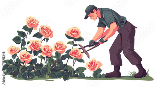 An illustration depicting a man pruning a bush of light orange roses with gardening shears.  The style is illustrative, with a slightly painterly, flat quality. The color palette is warm and