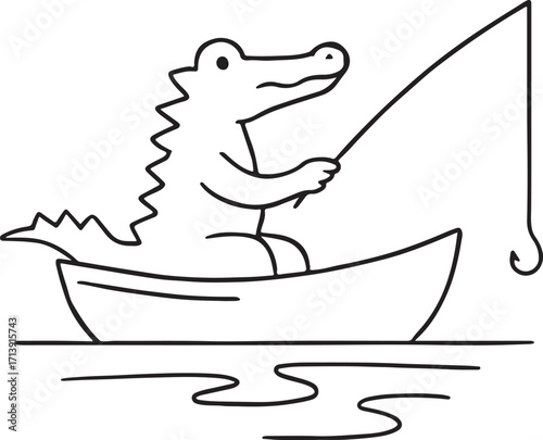 Alligator Crocodile fishing on a boat - outline silhouette