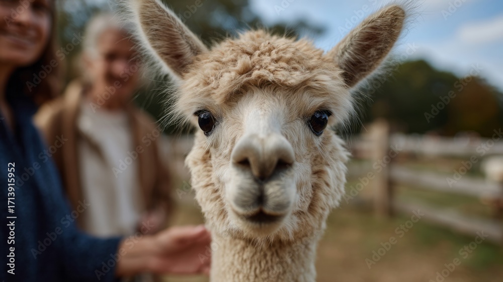 Obraz premium Adorable alpaca gazes curiously, embodying National Alpaca Days or quirky animal sanctuary visits, amid smiling onlookers' warmth