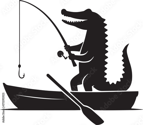 Alligator Crocodile fishing on a boat silhouette