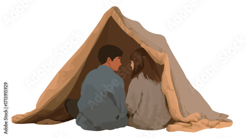 Digital illustration depicting a young couple sitting side-by-side inside a blanket fort. The fort is formed by a large, light beige blanket draped over furniture or other objects not visible