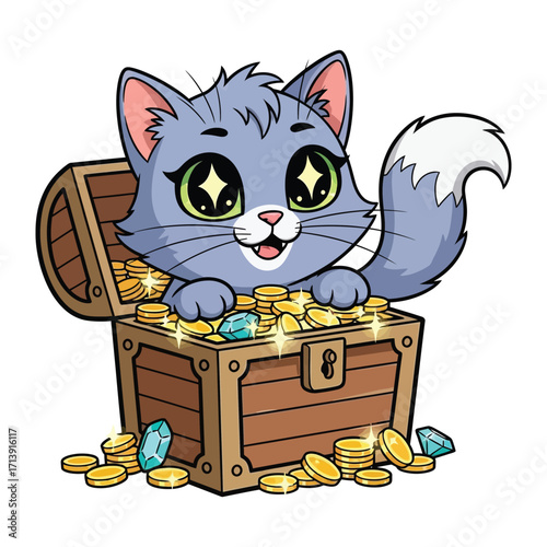 Treasure Chest Cat: A whimsical illustration captures the pure delight of a curious cat nestled within a brimming treasure chest. The image offers a glimpse of wonder and playfulness.