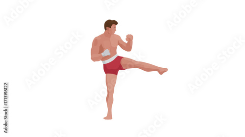 The image is a vector illustration of a muscular man with short brown hair, performing a high kick.  He is shirtless and wearing red shorts. His pose is dynamic, suggesting movement and exertion.