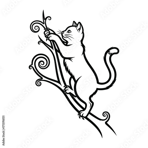 Climbing Cat: A cute illustration of a playful feline playfully climbing on a decorative branch, capturing the cat's agility and curiosity.