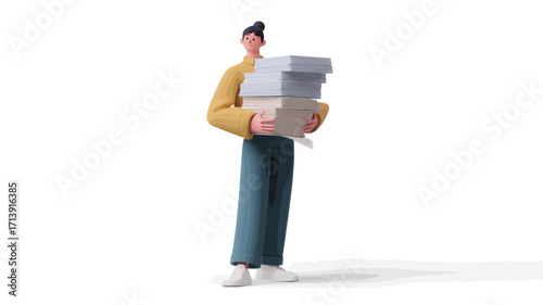 The image is a digital 3D render of a stylized cartoon man carrying a stack of boxes. The man is depicted in a yellow jacket and teal pants against a plain white background.