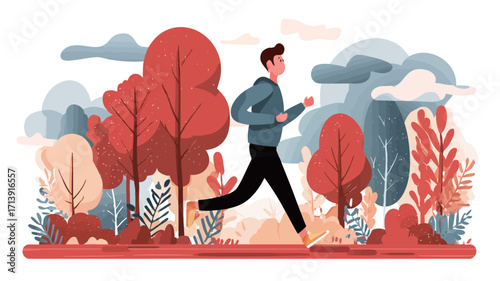 A vector illustration depicting a man jogging in a park during autumn. The style is flat design with simplified shapes and muted colors. The man is shown in profile view, running to the right.