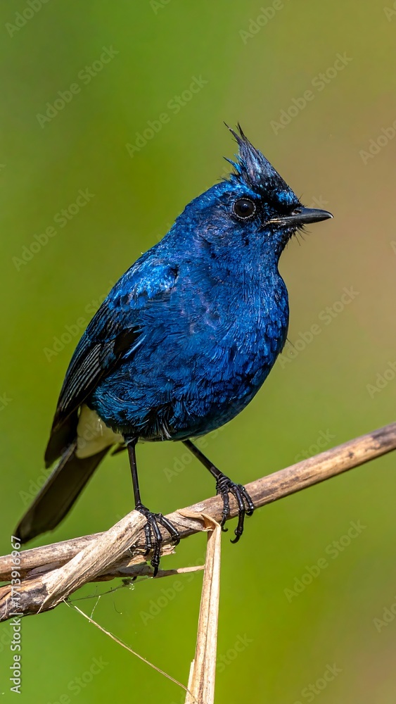 Obraz premium Vibrant blue bird perched on a stem