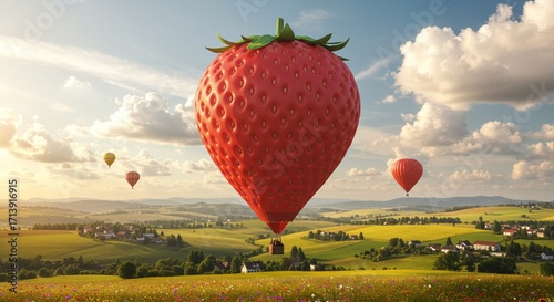 Giant Strawberry Hot Air Balloon Over Rural Landscape