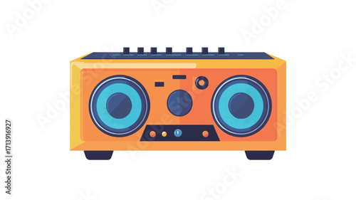 A front view illustration of a rectangular orange portable Bluetooth speaker.  The speaker features two large circular speakers with blue inner rings, a control panel with various buttons 