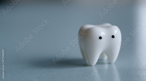Tiny ceramic tooth with quizzical eyes, evoking Tooth Fairy whispers and Dental Hygiene Celebrations, surreal miniature dental mascot