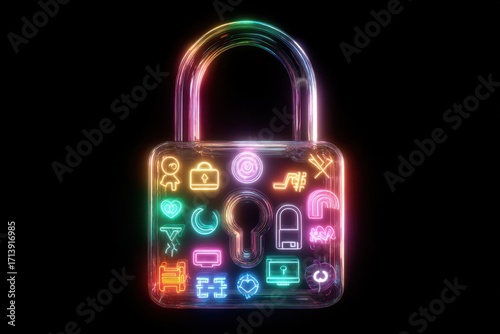 Neon Padlock with Social Media Icons - Digital Security and Connection.
