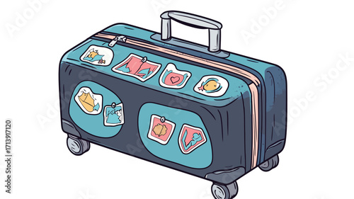 Illustration of a dark-blue wheeled suitcase adorned with various colorful stickers depicting food items, landmarks, and abstract designs. The suitcase has a light-blue interior visible through the