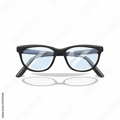 A pair of black-rimmed eyeglasses with clear lenses casting a shadow on a white background.