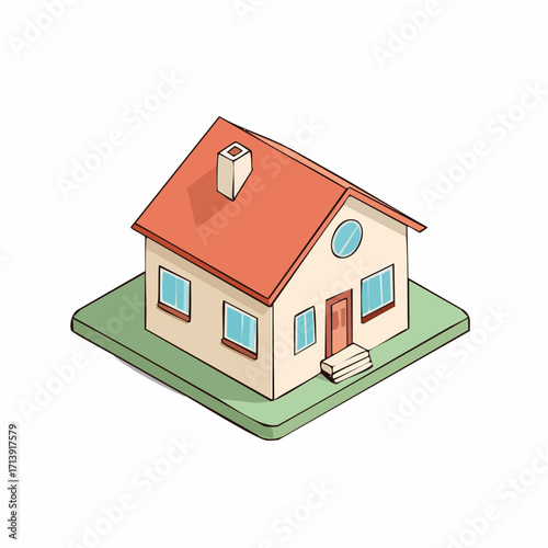 Isometric illustration of a small house with a red roof, windows, and a chimney.