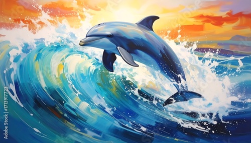 Fototapeta Naklejka Na Ścianę i Meble -  A dolphin leaps through a vibrant sunset wave
