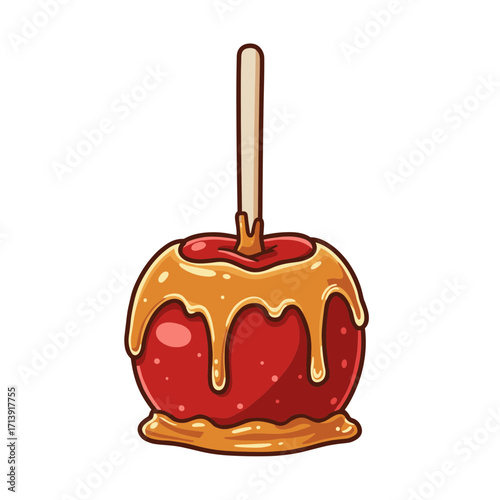 Red candy apple with caramel coating on wooden stick vector illustration on transparent background