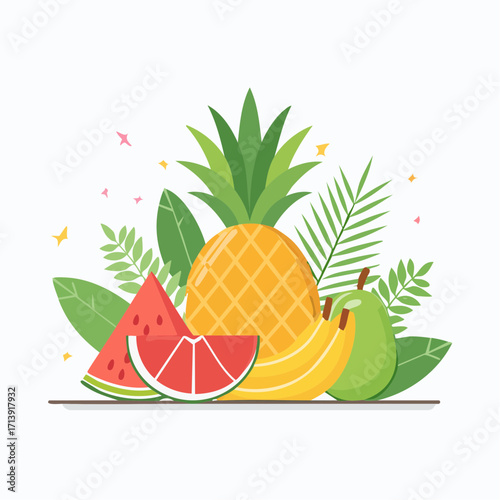 Colorful illustration of a tropical fruit assortment including pineapple, watermelon, bananas, and a green pear, surrounded by lush leaves.