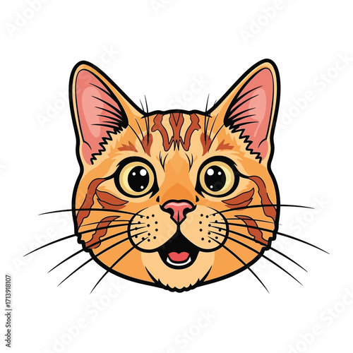 Playful Feline Portrait: An expressive tabby cat face, rendered with a clean and inviting vector illustration, brimming with curiosity and a touch of cheekiness.