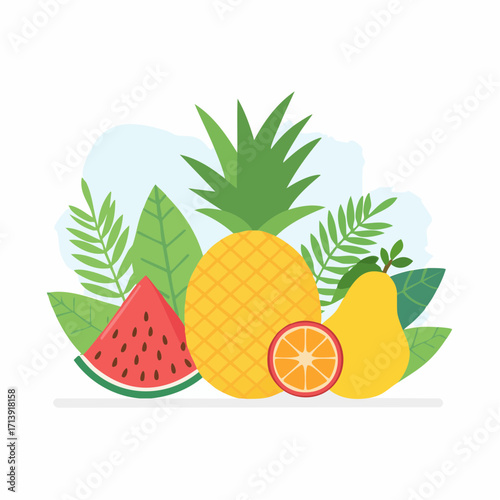 A vibrant illustration of fresh summer fruits including a pineapple, watermelon, pear, and orange slice, set against a backdrop of tropical leaves.