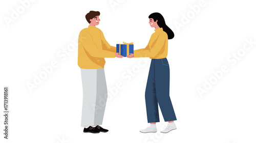 The illustration depicts a man and a woman, both depicted in a simple, cartoonish style, exchanging a blue gift box. The man is wearing a yellow sweater and off-white pants