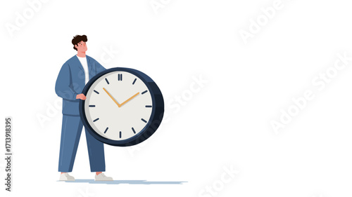 The image is a vector illustration depicting a stylized businessman in a blue suit holding a large, round analog clock. The style is minimalist and flat, with a clean white background. 