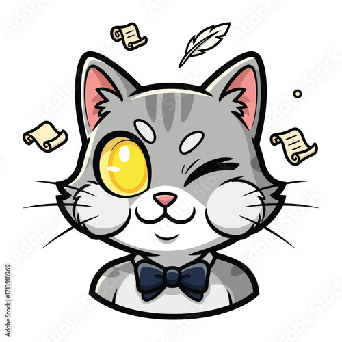 Whimsical Writer Cat: A charming cartoon cat, donning a smart bow tie and a winking eye, surrounded by floating scrolls and a feather, suggesting a flair for creativity. 