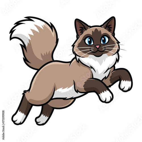 Playful Feline in Mid-Air: An animated, delightful cat with stunning blue eyes playfully leaps, showcasing its vibrant energy and charm.