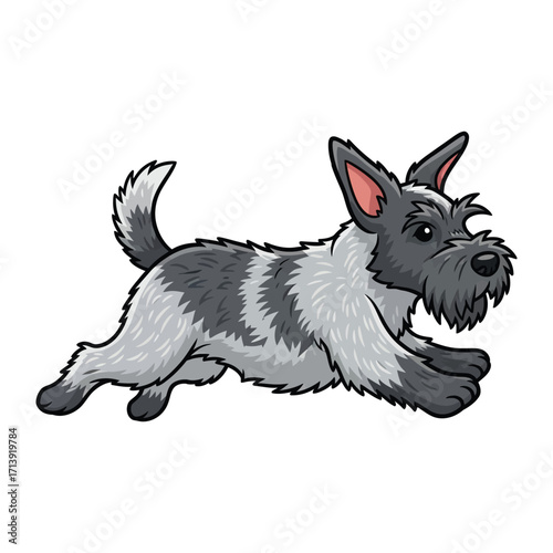Energetic Terrier Puppy: A spirited terrier puppy with a fluffy grey and white coat leaps playfully, capturing the essence of boundless puppy joy and vigor.