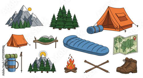 Collection of outdoor adventure and camping equipment for wilderness exploration.