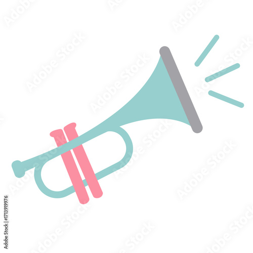 Silver trumpet 2d illustration with red details, brass instrument for melody and fanfare. Great for band, orchestra, music, or education.
