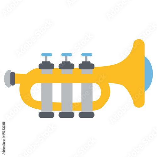 Yellow trumpet 2d illustration with valves, classical brass instrument producing loud sound. Great for jazz, orchestra, music, learning, or education projects.
