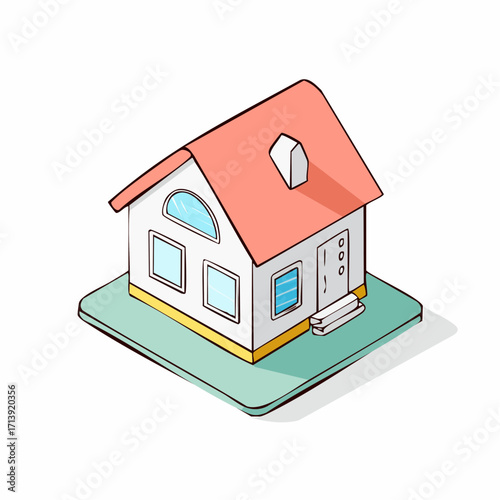 A charming isometric illustration of a small, white cartoon house with a pink roof, set against a clean white background.