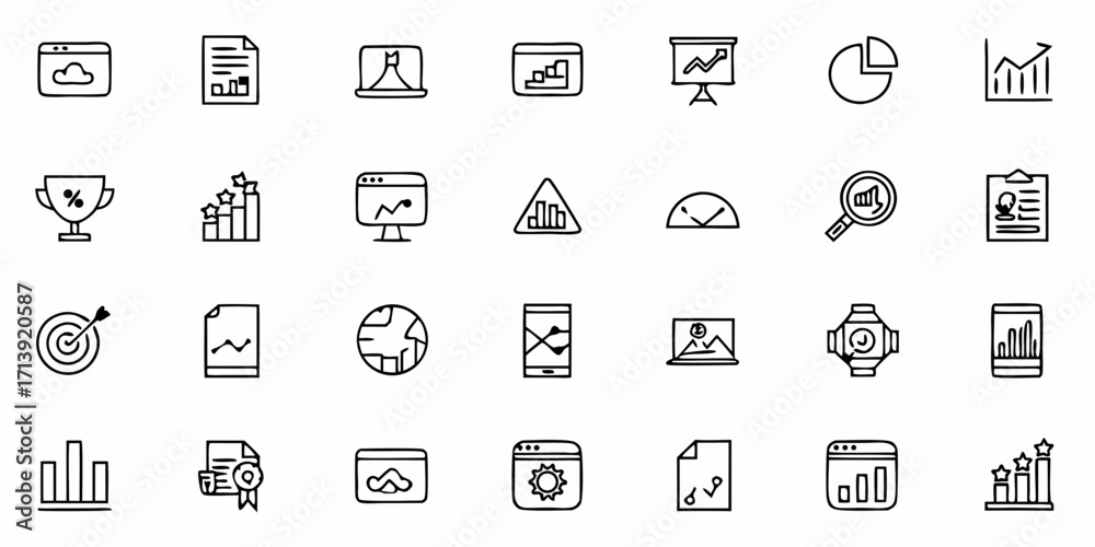 Fototapeta premium Collection of business and finance themed doodle icons representing data analysis and growth strategies